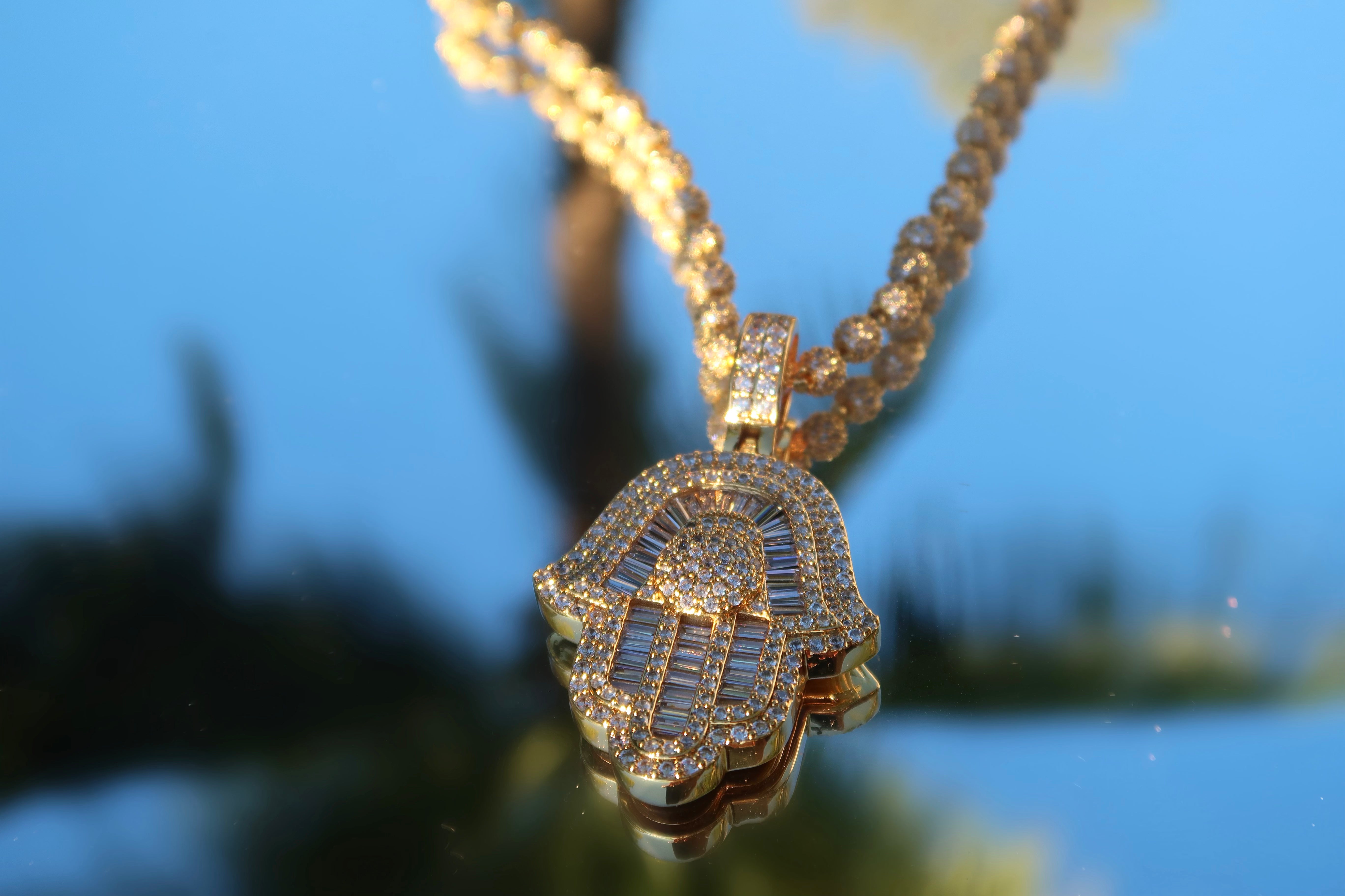 Baguette Hamsa Hand Pendant Iced Out Ball Chain KimmyB